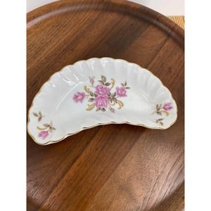 Lefton China Bone Dish /Trinket Dish Curved  Pink Floral Hand painted #706 6"